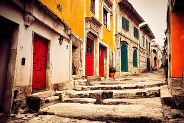 Wall Mural - Beautiful old medieval downtown cobblestone alley streets, stone steps, colorful doors and windows, greek mountain village, historic architectural background