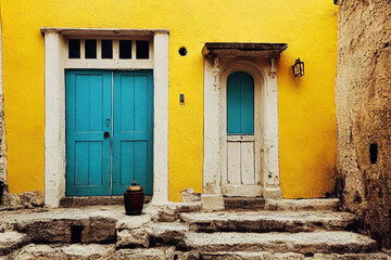 Wall Mural - Beautiful old medieval downtown cobblestone alley streets, stone steps, colorful doors and windows, greek mountain village, historic architectural background