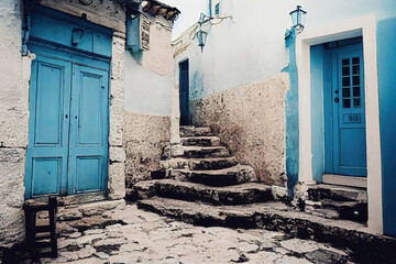 Wall Mural - Beautiful old medieval downtown cobblestone alley streets, stone steps, colorful doors and windows, greek mountain village, historic architectural background