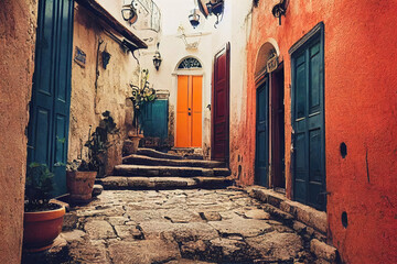 Wall Mural - Beautiful old medieval downtown cobblestone alley streets, stone steps, colorful doors and windows, greek mountain village, historic architectural background