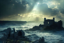 Castle Ruins On The Cliff, Stormy Ocean Coast, Sun Beams From The Couds, CG Illustration