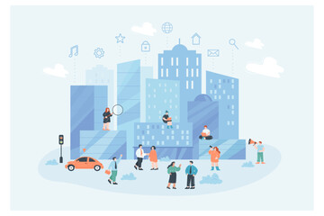 Modern city with buildings and tiny people using internet. Urban metropolis skyline with computer infrastructure, communication and persons flat vector illustration. Smart future technology concept