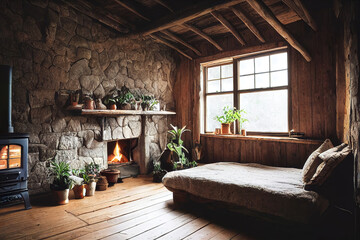 Cozy rustic wooden log cabin house interior, warm lights, indoor plants, double bed, luxury architecture background