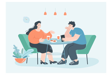 Wall Mural - Girl talking to distant partner looking at smartphone. Cartoon couple at table, lover showing indifference by ignoring woman flat vector illustration. Relationship, unhappy family concept for banner