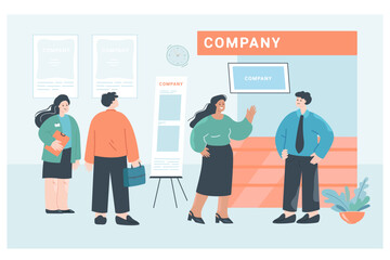 Wall Mural - Business persons visiting trade fair or tradeshow booth. Men and women at expo, company or business exhibition flat vector illustration. Marketing, advertising concept for banner, website design