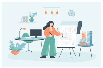 Wall Mural - Female architect, engineer or designer drawing building plan. Girl working on construction project, office or studio interior flat vector illustration. Architecture, engineering concept for banner