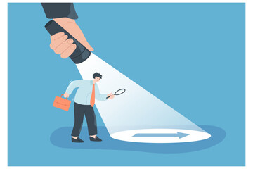 Wall Mural - Hand holding flashlight and guiding detective or businessman. Person searching for solution of problem, arrow in spotlight flat vector illustration. Achievement, guidance concept for banner