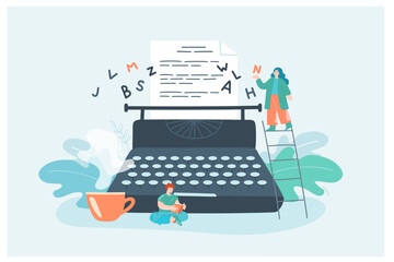 Wall Mural - Creative tiny female author with typewriter writing novel. Woman writing story chapter, man reading book flat vector illustration. Literature, poetry, imagination concept for banner or website design