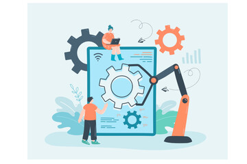 Wall Mural - People using artificial intelligence as workforce in factories. Industrial resources and equipment flat vector illustration. 21st century, digital era concept for banner or landing web page