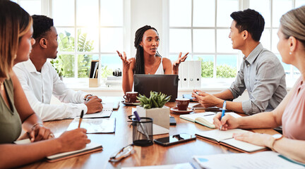 Wall Mural - Black woman, presentation and meeting for business collaboration ideas in team discussion for marketing at the office. African American female talking to employee people in teamwork planning at work