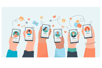 Hands of millennials holding phones with social media profiles. Young people or adults using online dating app, searching for match flat vector illustration. Love, romance, technology concept