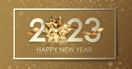 Wall Mural - Happy New Year 2023 winter holiday greeting card design template. Party poster, banner or invitation gold glittering stars confetti glitter decoration. Vector background with golden gift bow