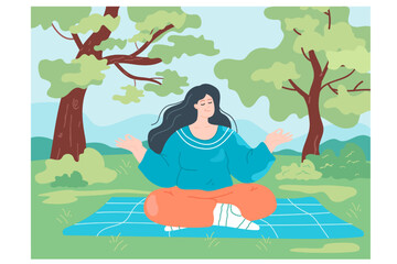 Wall Mural - Cartoon woman forest bathing under trees. Female character finding balance by doing yoga outside flat vector illustration. Fitness, nature, health concept for banner, website design or landing page