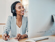 © Courtney Haas/peopleimages.com - Headset, call center and black woman use computer working at desk in office or work online from home. Smile, female consultant or happy worker in telemarketing and make meeting notes