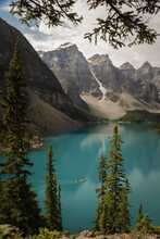 Landscape And View Of Lake Moraine  In Canada With Boat