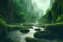 Amazon Rainforest, Tropical Vegetation, Jungle Landscape With Creek, Rocks Overgrown With Moss, Riverbank Plants And Lianas, Digital Illustration