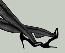 Engraved Vintage Drawing Of Legs Of A Woman In Dark Tights Taking Off Shiny Black High Heel Shoes