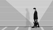 © mirzamlk - Wide angle shot of a man walking down the street, minimalistic shot, a man walking in his imaginary world, artistic designs on the wall, high-quality image. Black and white image.;