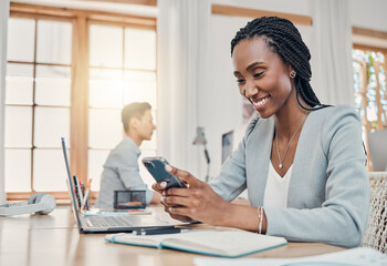 Poster - Accountant black woman, phone and office on social media in financial sales consulting company work break. African finance consultant business girl text on internet social network mobile app online