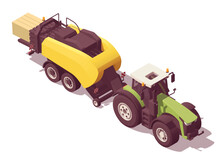 Isometric Low Poly Green Tractor With Yellow Big Square Baler. Vector Illustrator