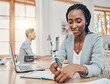 Black, business woman and writing in notebook for planning schedule or idea working in the office. Happy African American female employee taking notes for corporate finance at the workplace