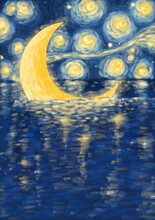 Digital Seamless Painting Of Glowing Moon Touching The Water With Dark Blue Sky Blurry Reflect On The Water In The Style Of Van Gogh. Impressionist Painting.