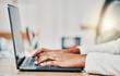 © Courtney Haas/peopleimages.com - Hands, black woman and typing on laptop at office, planning financial business strategy email for tech company. African sales accountant, pc keyboard and working on finance online internet documents