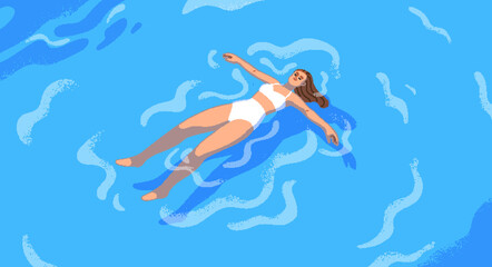 Wall Mural - Happy calm woman floating, lying on water surface. Young girl in bikini swimming on back in sea, blue aqua. Serene female character relaxing in harmony on summer holiday. Flat vector illustration