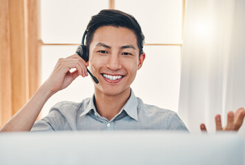 Poster - Call center, customer service and worker with computer talking, helping and answer office with crm system. Happy man, happy and friendly telemarketing operator, secretary or contact us client support