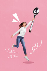 Wall Mural - Vertical collage image of excited overjoyed girl jump hold huge spoon isolated on drawing pink background