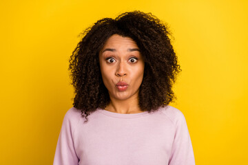 Photo of young lady pouted lips send air kiss cosmetology procedure isolated over yellow color background