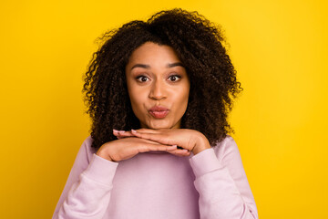 Wall Mural - Photo of young adorable lady pouted lips send air kiss flirty romantic isolated over yellow color background