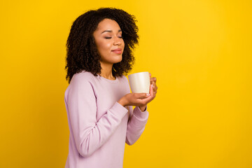 Profile side photo of young lovely girl enjoy tasty smell aroma morning americano isolated over yellow color background