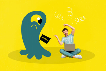 Canvas Print - Collage picture of cheerful mini guy use netbook indicate fingers big drawing deadline monster isolated on yellow background