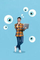 Sticker - Vertical collage image of minded guy hold netbook contemplate big drawing eyes watch spying isolated on blue background