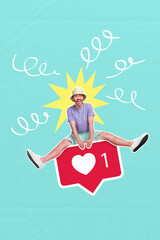 Sticker - Vertical image of excited guy sit big like notification instagram facebook tiktok isolated on creative painted background