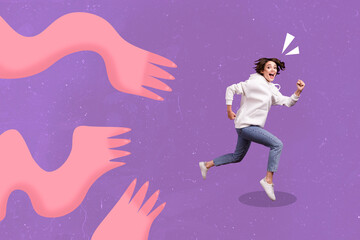 Sticker - Collage picture of impressed little girl running away painted monsters isolated on drawing violet background