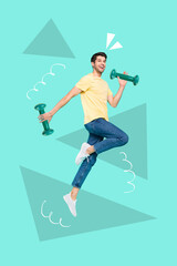 Poster - Vertical collage image of excited cheerful person jumping hands hold dumbbells isolated on painted background