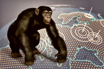 Poster - Monkey on a background with Earth map, conceptual 3D illustration