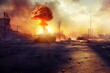 An explosion on war tank produces a fire mushroom cloud in an apocalyptic war. Battlefield in a wasteland city. 3D illustration.