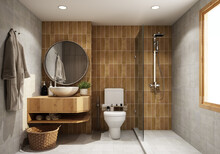 Hotel Bathroom Toilet With Mustard Yellow Antique Tiles Walls, Concrete Floor, Shower Near The Window And Sink On Wooden Countertop With Round Mirror. With Wooden Decoration 3d Rendering