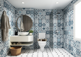 hotel bathroom toilet with blue antique pattern tiles walls, black and white tile floor, Shower near the window and sink on wooden countertop with round mirror. with wooden decoration 3d rendering