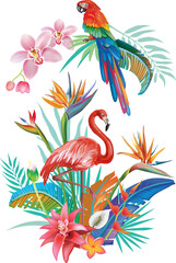 Wall Mural - Border from tropical flowers, leaves and Flamingoes