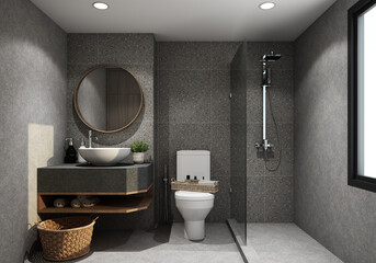 Wall Mural - hotel bathroom toilet with dark gray stone tile walls, concrete floor, Shower near the window and sink on wooden countertop with round mirror. with wooden decoration 3d rendering