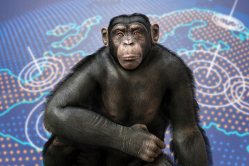 Poster - Monkey on a background with Earth map, conceptual 3D illustration