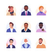 Collection of male avatars. Vector cartoon illustration of portraits of diverse smiling businessmen and office employees of different ages and ethnicities. Isolated on white