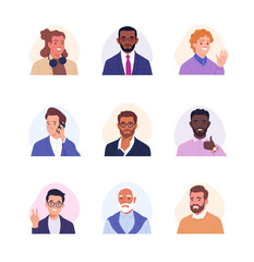 Wall Mural - Collection of male avatars. Vector cartoon illustration of portraits of diverse smiling businessmen and office employees of different ages and ethnicities. Isolated on white