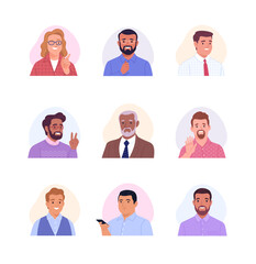 Wall Mural - Collection of male avatars. Vector cartoon illustration of portraits of diverse smiling businessmen and office employees of different ages and ethnicities. Isolated on white