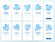 Brand longevity and quality blue onboarding mobile app screen set. Walkthrough 5 steps editable graphic instructions with linear concepts. UI, UX, GUI template. Myriad Pro-Bold, Regular fonts used