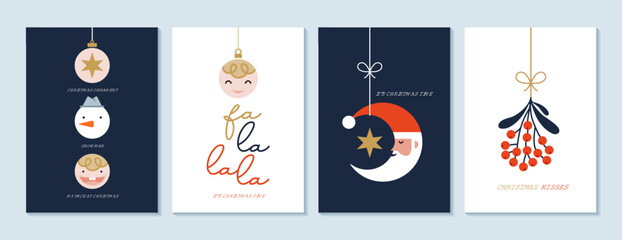 Wall Mural - merry christmas modern card set elements greeting text lettering blue background vector